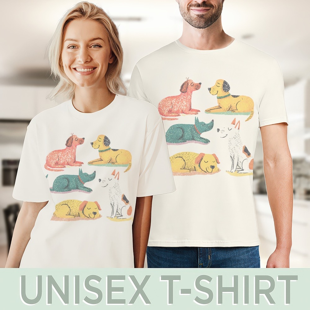 Sleeping Dogs Peaceful Illustration Graphic Tee Hand-Drawn Style - Picture 4 of 5